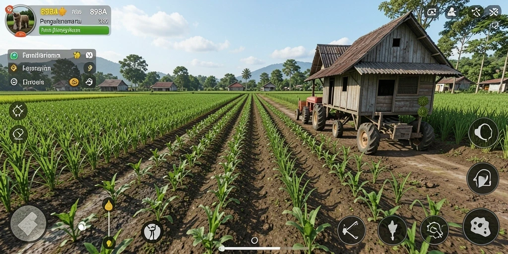 Screenshot tampilan gameplay yang menunjukkan aktivitas bertani di 898A.