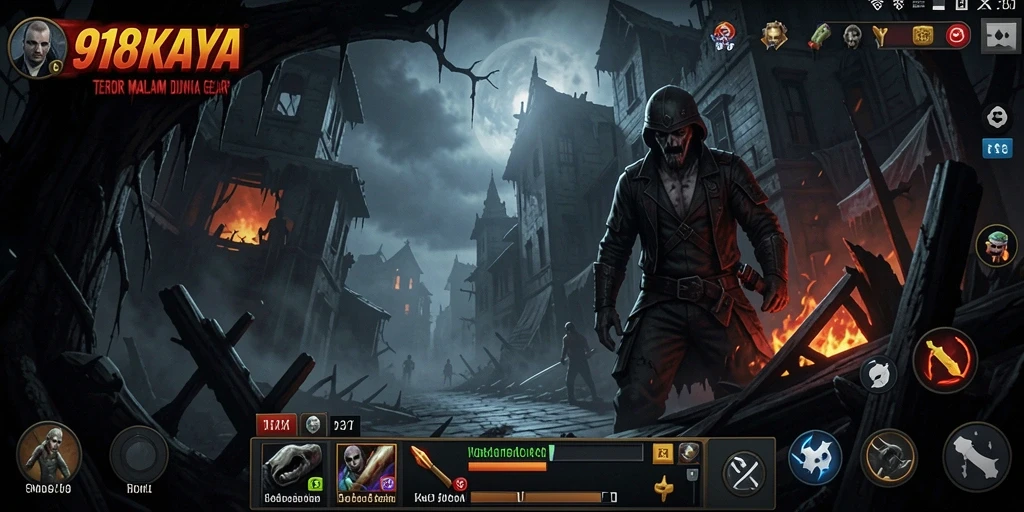 Screenshot gameplay dari 918KAYA menampilkan suasana mencekam dan makhluk yang menyeramkan.