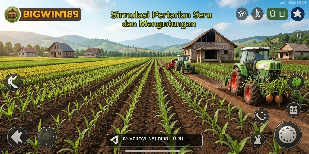 Screenshot utama gameplay pertanian yang penuh warna dan aktif.