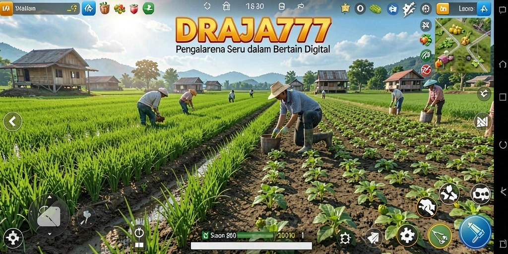 Tampilan gameplay DRAJA777 dengan berbagai aktivitas bertani.