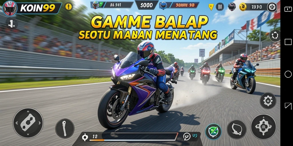 Screenshot gameplay KOIN99 yang menunjukkan aksi balap motor yang mendebarkan.