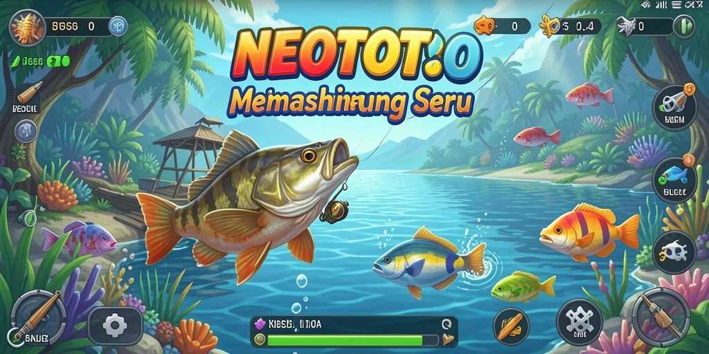 Tampilan gameplay NEOTOTO menunjukkan aksi memancing yang seru di danau.