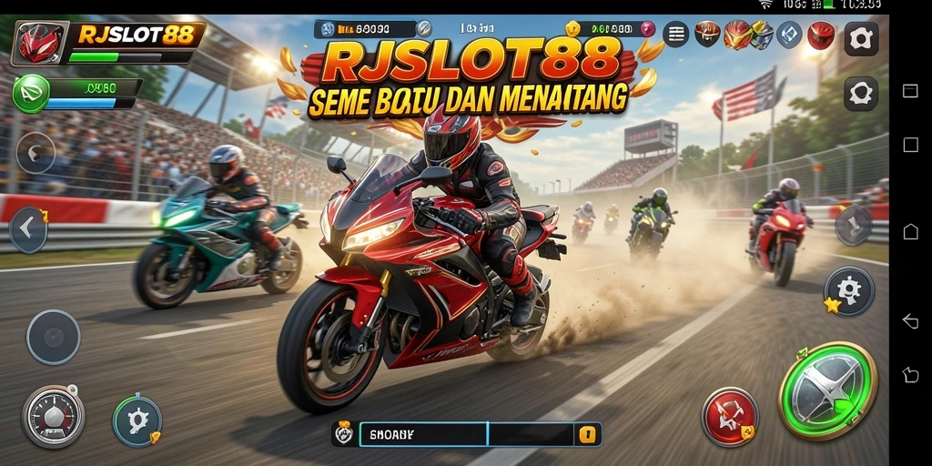 Screenshot gameplay RJSLOT88 menampilkan balapan motor yang mendebarkan.