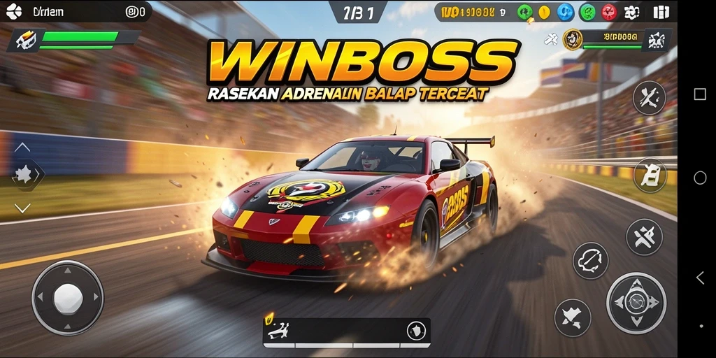 Gameplay menegangkan di WINBOSS dengan mobil balap cepat.
